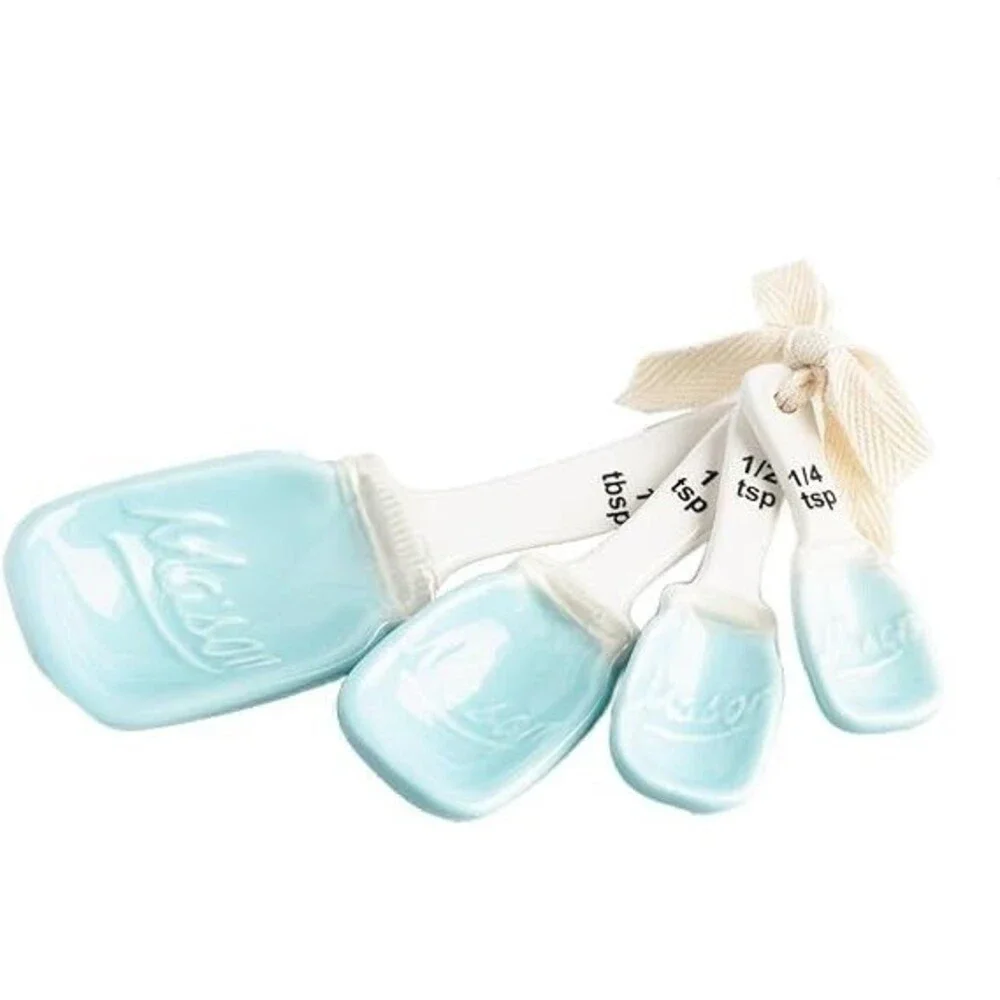 NEW Ceramic Measuring Spoons SET Blue White Mason Jar Design 4 SPOONS